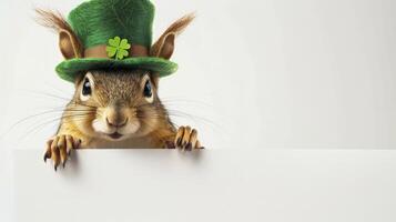 ai generiert süß glücklich Eichhörnchen tragen ein Glücklich Grün Hut und halten ein Banner. st Patrick's Tag Konzept foto