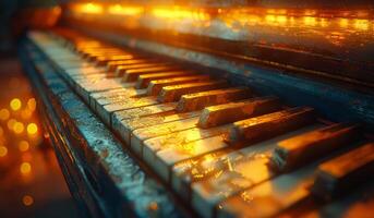 ai generiert alt Klavier Schlüssel schließen oben im warm Farben von das Sonnenuntergang. foto