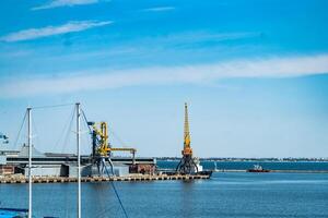 Ladung Meer Hafen. Meer Ladung Kräne. Meer Lieferung Konzept. selektiv Fokus. foto