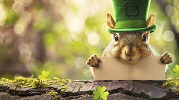 ai generiert süß glücklich Eichhörnchen tragen ein Glücklich Grün Hut und halten ein Banner. st Patrick's Tag Konzept foto