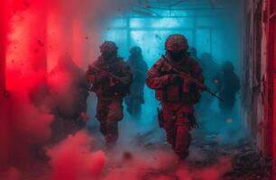 ai generiert Militär- Männer mit Gewehr im das Rauch und Feuer foto