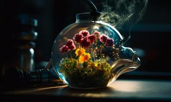 ai generiert Glas Teekanne ist gefüllt mit Blumen und Dampf foto