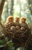 ai generiert drei wenig Küken im das Nest foto