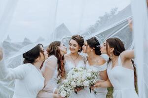 Hochzeit Fotografie im Natur. ein Brünette Braut und ihr Freundinnen Pose unter ein Schleier, halten Blumensträuße foto