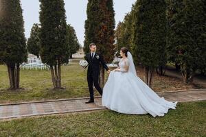 ein Hochzeit Paar ist Gehen im Natur auf ein Herbst Tag. glücklich jung Braut und elegant Bräutigam halten Hände. ein stilvoll Paar von Jungvermählten auf ihr Hochzeit Tag. foto