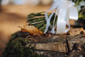 zwei Hochzeit Ringe auf ein hölzern Stand foto