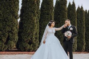 ein Hochzeit Paar ist Gehen im Natur auf ein Herbst Tag. glücklich jung Braut und elegant Bräutigam halten Hände. ein stilvoll Paar von Jungvermählten auf ihr Hochzeit Tag. foto