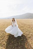 ein Brünette Braut im ein voluminös Weiß Kleid, posieren im ein Feld. das Schleier ist geworfen in das Luft. schön Haar und bilden. Hochzeit Foto Session im Natur. lange Zug von das Kleid