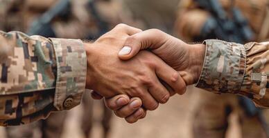 ai generiert Militär- Shake Hände, Frieden Verhandlungen, Ende von Krieg - - ai generiert Bild foto