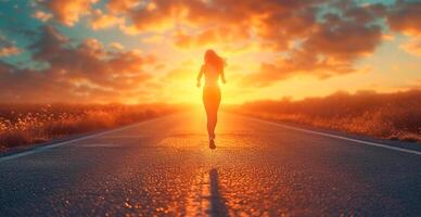 ai generiert Laufen Mädchen beim Sonnenuntergang, Sport Joggen, gesund Lebensstil - - ai generiert Bild foto