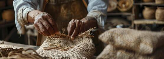 ai generiert ein Hersteller Erstellen ein Jute Tasche durch Hand, handgemacht Konzept foto