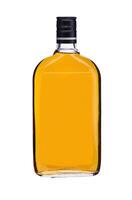 Glas Flasche mit Gelb Flüssigkeit auf ein Weiß Hintergrund foto