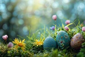 ai generiert bunt Ostern Eier dekoriert mit Muster ruhen auf beschwingt Frühling Gras inmitten Wildblumen, gebadet im Sonnenlicht foto