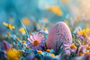 ai generiert bunt Ostern Eier dekoriert mit Muster ruhen auf beschwingt Frühling Gras inmitten Wildblumen, gebadet im Sonnenlicht foto