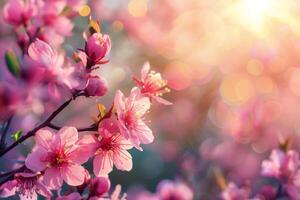 ai generiert üppig Blumen- Szenen präsentieren ein Vielfalt von Blüten im weich, strahlend Licht mit ein Bokeh Hintergrund foto