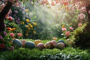 ai generiert bunt Ostern Eier dekoriert mit Muster ruhen auf beschwingt Frühling Gras inmitten Wildblumen, gebadet im Sonnenlicht foto