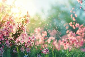 ai generiert üppig Blumen- Szenen präsentieren ein Vielfalt von Blüten im weich, strahlend Licht mit ein Bokeh Hintergrund foto