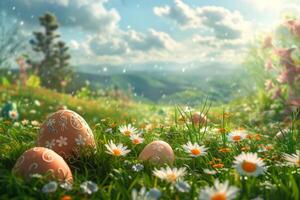 ai generiert bunt Ostern Eier dekoriert mit Muster ruhen auf beschwingt Frühling Gras inmitten Wildblumen, gebadet im Sonnenlicht foto