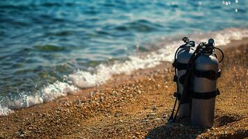 ai generiert Tauchen Tauchen Ausrüstung auf das Strand Ufer foto