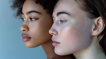 ai generiert Nahansicht Porträt von zwei jung Frauen mit anders Haut Farben, zu Vitrine das natürlich Schönheit von zwei jung Frauen mit anders Haut Farben und foto