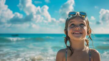 ai generiert überschwänglich jung Mädchen tragen Schwimmen Brille auf ein sonnig Strand, zu vermitteln ein Botschaft von Freude und Glück während ein sonnig Tag beim das Strand, mit ein foto