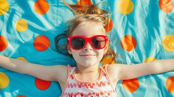 ai generiert jung Mädchen tragen Sonnenbrille auf bunt Decke, zu vermitteln ein Sinn von jugendlich Energie, Glück und Lebendigkeit zum Sommer- und draussen Aktivitäten foto