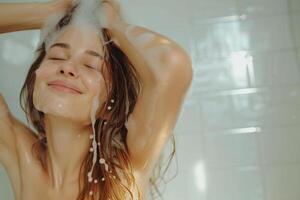 ai generiert ein Frau Waschen ihr Haar mit generativ ai foto