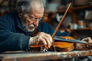 ai generiert ein Violine Handwerker Festsetzung ein Violine Brücke Hervorheben Violine Reparatur Kompetenzen foto
