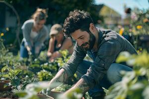 ai generiert ein Gruppe von Unternehmer glücklich Pflanzen und neigen zu ein Gemeinschaft Garten Pflege Pflanzen und genießen das draußen foto