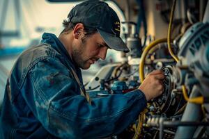 ai generiert ein Boot Handwerker Festsetzung ein Boot Motor präsentieren Marine Reparatur Kompetenzen foto