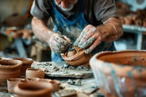 ai generiert ein Keramik Handwerker Festsetzung ein gebrochen Keramik Stück präsentieren Keramik Reparatur Kompetenzen foto