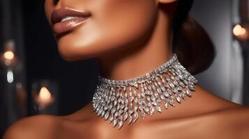 ai generiert ein Frau tragen ein Diamant Halskette und Halsband foto