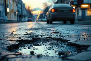 ai generiert alt beschädigt Asphalt Pflaster Straße mit Schlaglöcher im Stadt. Auto gestoppt in der Nähe von Schlagloch foto