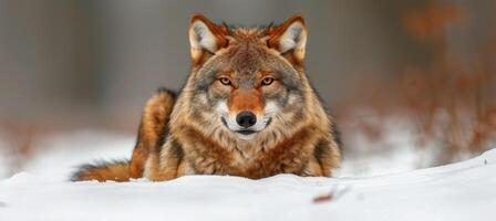 ai generiert majestätisch Wolf im schneebedeckt Wald mit Kopieren Raum, Tierwelt Tier auf verschwommen Natur Hintergrund foto