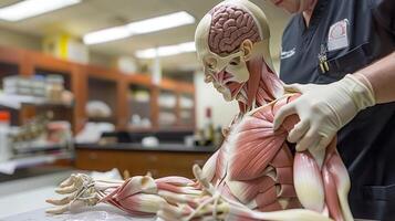 ai generiert anatomisch 3d Modell- von Mensch Muskulatur Dehnen im ein klinisch Labor Umgebung foto