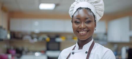 ai generiert afrikanisch asiatisch weiblich Koch Kochen im ein Fachmann Küche mit Kopieren Raum zum Text Platzierung. foto