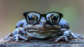 ai generiert stilvoll Frosch mit Brille im Studio Einstellung, fesselnd Tierwelt Porträt Szene zum Natur Liebhaber. foto