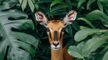 ai generiert majestätisch Impala Blick inmitten üppig dunkel tropisch Urwald Blätter, Tierwelt im natürlich Lebensraum foto