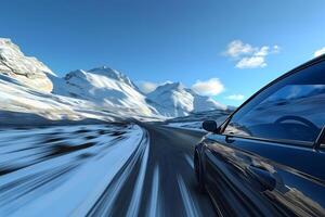 ai generiert Auto Reisen mit ein Berg Straße beim Sommer- Tag. foto