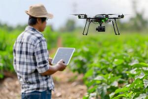 ai generiert Farmer im das Feld mit Drohne foto