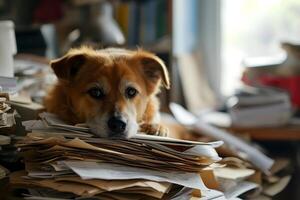 ai generiert Hund im ein Büro, überwältigt durch ein Berge von Papierkram foto