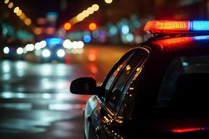 ai generiert Polizei Auto Beleuchtung beim Nacht im Stadt Straße mit selektiv Fokus und Bokeh foto