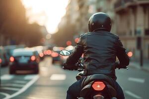 ai generiert ein Mann Fahrten ein Motorrad im Stadt Verkehr, Aussicht von das zurück, Nahansicht foto