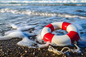 ai generiert Rettungsring auf ein Strand mit Surfen und klar Blau Meer im das Hintergrund foto