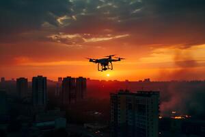 ai generiert Hubschrauber Drohne Über Verbrennung Stadt foto