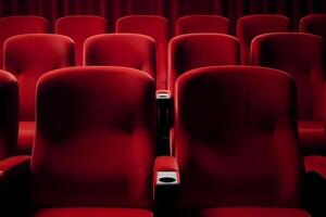 ai generiert leeren rot Sitze im Kino, inländisch Intimität, Zoomen In, oben schließen foto