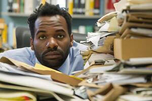 ai generiert afrikanisch amerikanisch Mann im ein Büro, überwältigt durch ein Berge von Papierkram foto