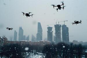 ai generiert Gruppe von Drohnen Über Stadt beim Winter Tag oder Morgen foto