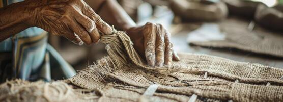 ai generiert ein Hersteller Erstellen ein Jute Tasche durch Hand, handgemacht Konzept foto