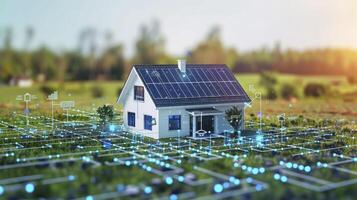 ai generiert Solar- in Verbindung gebracht Haus mit viele Solar- Paneele um Es, im das Stil von Digital. foto